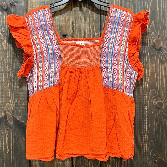 Anthropologie THML Embroidered Ruffle Top L Orange Smocked Aztec Geometric Boho - Picture 1 of 9